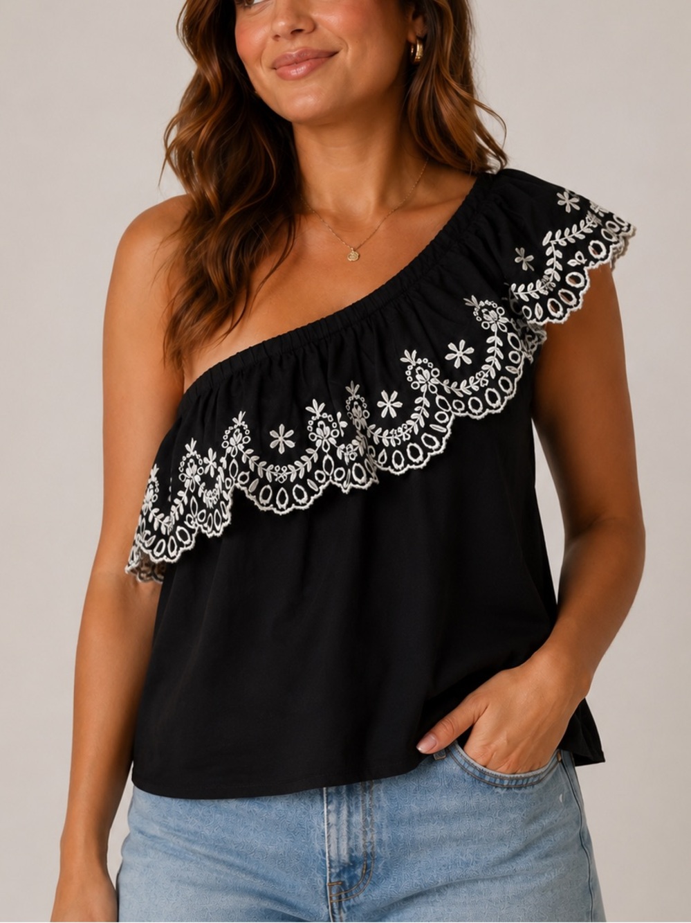 kate spade Black One-Shoulder Embroidered Ruffle Top